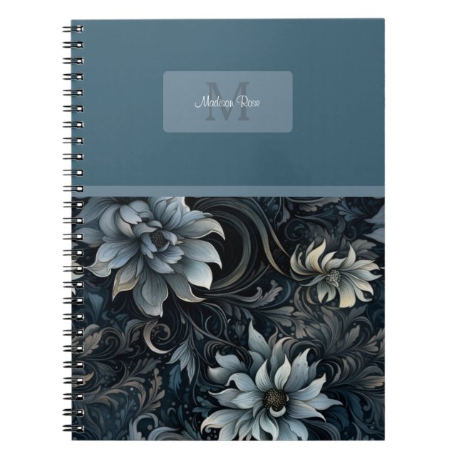 Elegant Dark Gothic Floral Pattern Monogram   Notebook (Front)