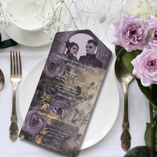 Elegant Dark Gothic Purple Rose One Photo All In One Invitation