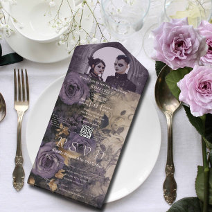 Elegant Dark Gothic Purple Rose Photo QR Code All In One Invitation