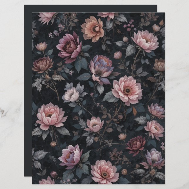 Elegant Dark Gothic Romance Floral Scrapbook Paper (Front/Back)