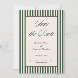 Elegant Dark Green and Cream Stripes Save the Date Invitation