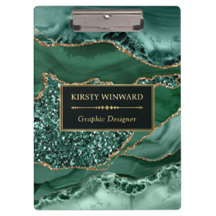 Elegant Dark Green and Gold Glitter Ocean Agate Clipboard