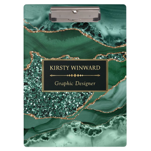 Elegant Dark Green and Gold Glitter Ocean Agate Clipboard (Front)
