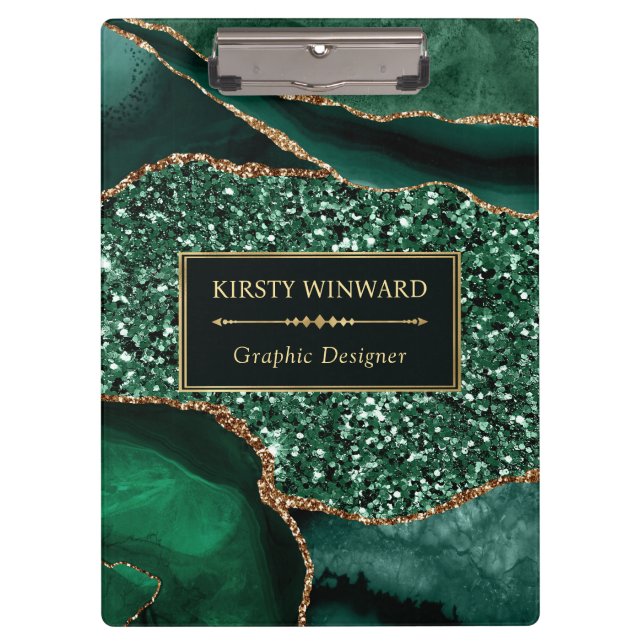Elegant Dark Green and Gold Glitter Ocean Agate Clipboard (Front)