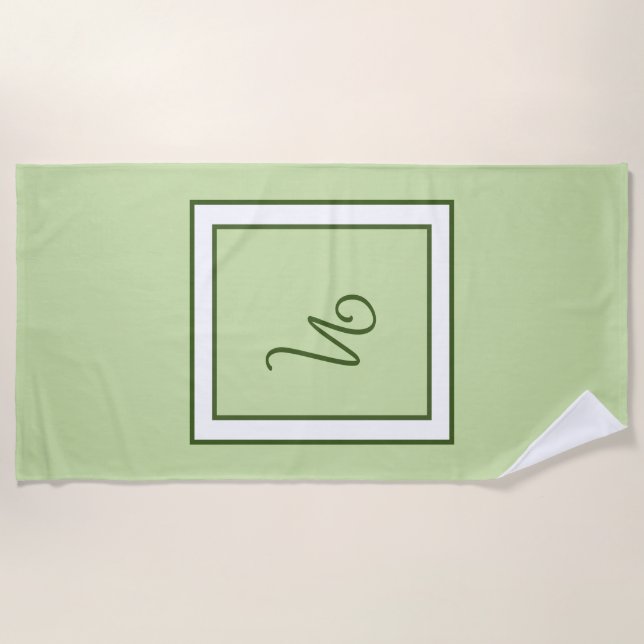 Elegant Dark Green Border Script Monogram Beach Towel (Front)