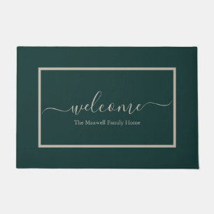 Elegant dark green calligraphy family name doormat