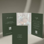 Elegant dark green classic photo wedding RSVP QR Tri-Fold Invitation<br><div class="desc">Modern simple minimalist typography trendy dark green all in one trifold budget winter wedding invitation template with 2 photos, online rsvp, and details with scanning QR codes to the website featuring a chic trendy calligraphy script and transparent photo overlay. Easy to personalize with one or two custom photos (you can...</div>
