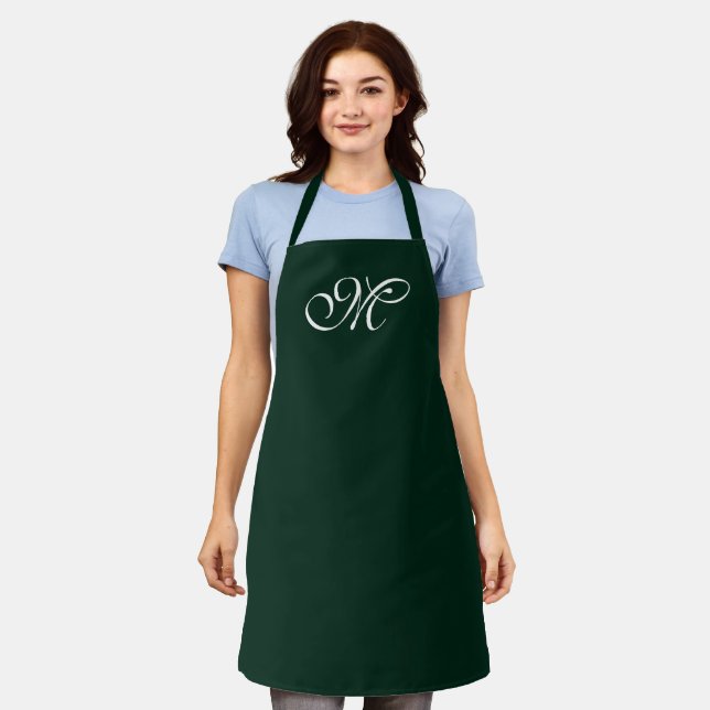 Elegant dark green custom script monogram initial apron (Worn)