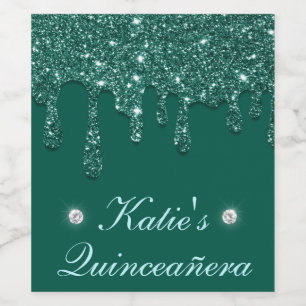 Elegant Dark Green Dripping Glitter Quinceanera Wine Label