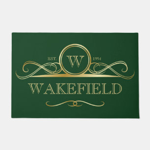 Elegant Dark Green & Faux Gold Ornate Monogram Doormat