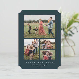 Elegant Dark Green Frame 4 Photo Happy New Year Holiday Card