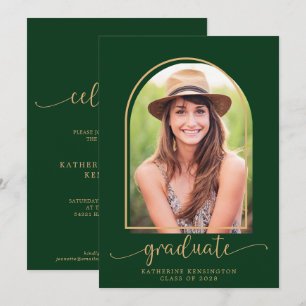 Elegant Dark Green Gold Arch Photo Graduation Invitation