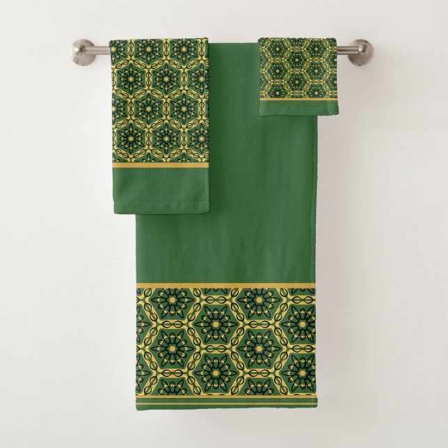 Elegant Dark Green Gold Bath Towel Set (Insitu)