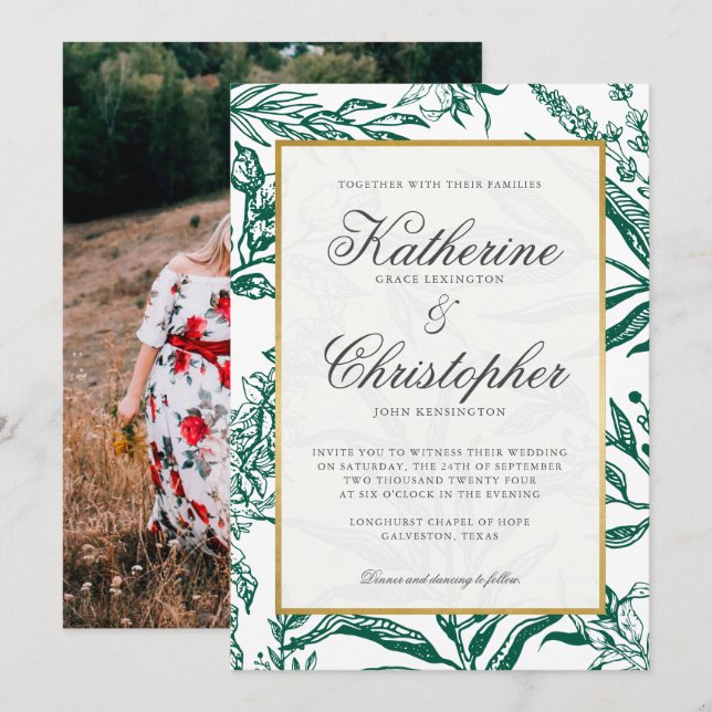 Elegant Dark Green Gold Botanical Photo Wedding Invitation (Front/Back)