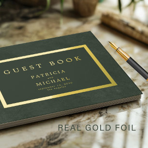 Elegant dark green gold foil typography wedding guest book
