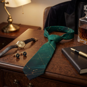 Elegant Dark Green Gold Geometric Tie