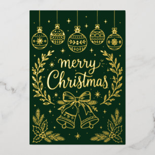Elegant Dark Green Gold Merry Christmas Line Art Foil Holiday Card