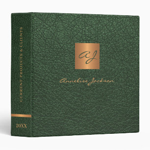 Elegant dark green gold monogrammed leather classy binder