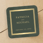 Elegant dark green gold personalized wedding  square sticker<br><div class="desc">Modern classic dark emerald green and faux gold minimalist typography custom wedding favour or envelope seal stickers on a vintage style antique distressed-looking background with faux metallic frame.             Matching wedding stationery is available in the collection.</div>