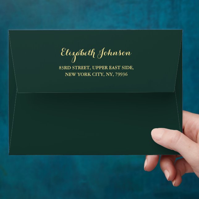 Elegant Dark Green Gold Script Name Return Address Envelope (Hand)