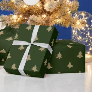Elegant dark green gold simple Christmas trees Wrapping Paper