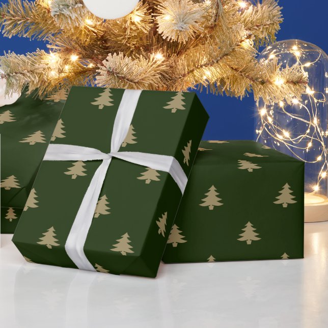 Elegant dark green gold simple Christmas trees Wrapping Paper (Holidays)