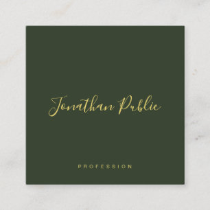 Elegant Dark Green Gold Text Calligraphy Glossy Square Business Card