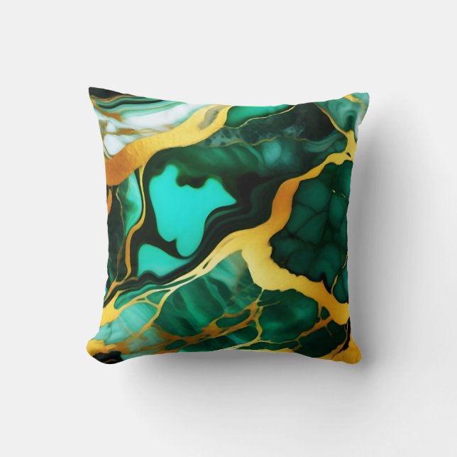 Elegant dark green golden yellow Faux Marble  Throw Pillow (Front)