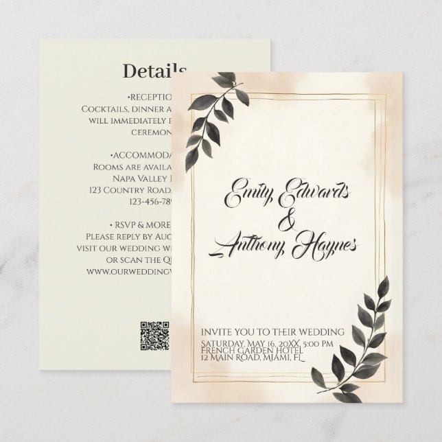 Elegant Dark Green Leaf Wedding Invitation (Front/Back)