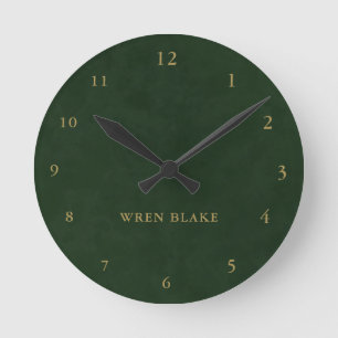 Elegant Dark Green Leather & Gold Script Name Round Clock
