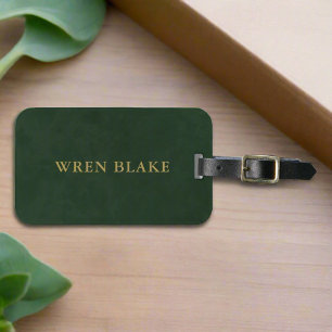Elegant Dark Green Leather & Gold Script Travel Luggage Tag
