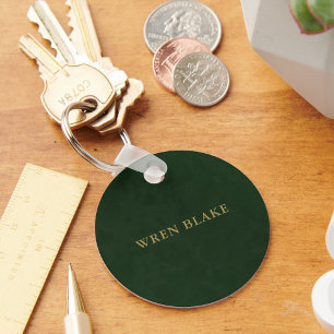 Elegant Dark Green Leather & Gold Typography Name Keychain