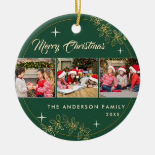 Elegant Dark Green Merry Christmas 3 Photo Collage Ceramic Ornament