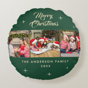 Elegant Dark Green Merry Christmas 3 Photo Collage Round Pillow