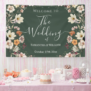 Elegant Dark Green Rustic Wildflower Boho Wedding Banner