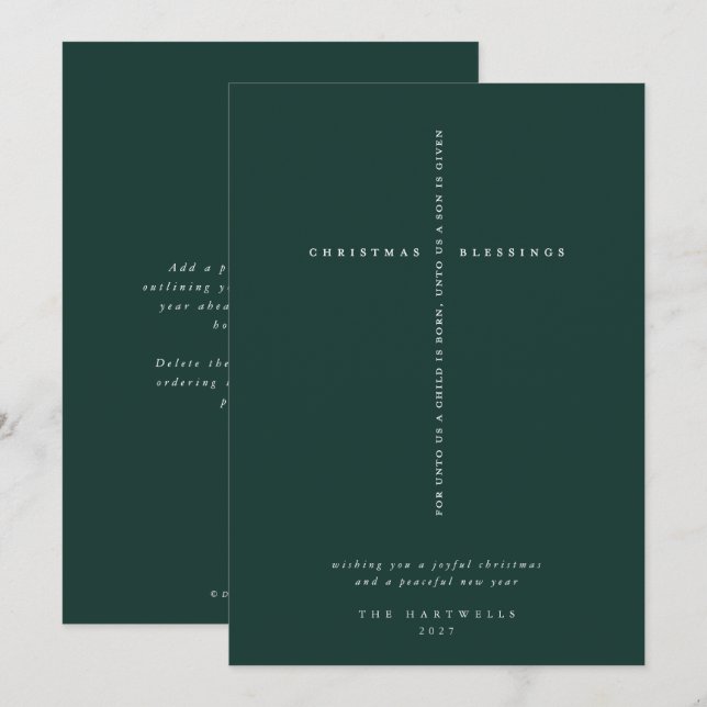 Elegant Dark Green Scripture Cross  Holiday Card (Front/Back)