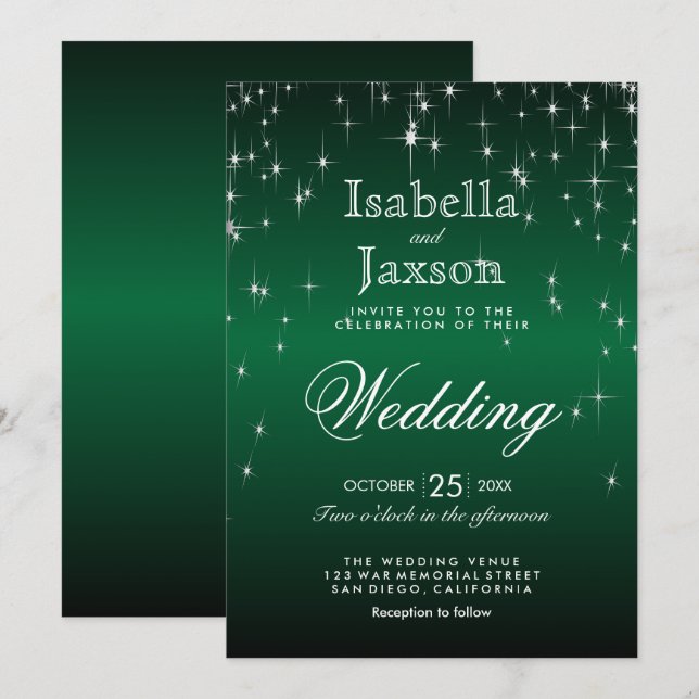 Elegant Dark Green Star Lights Wedding Invitation (Front/Back)