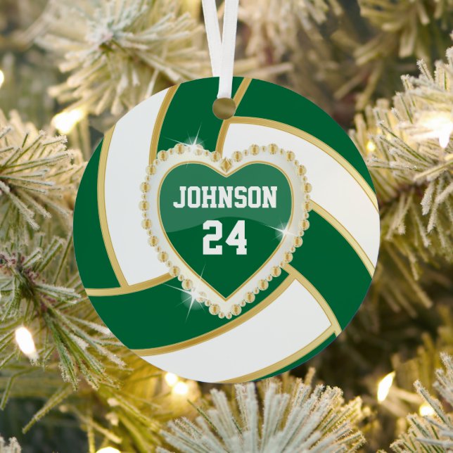 Elegant Dark Green, White and Gold Volleyball Metal Ornament (Insitu)