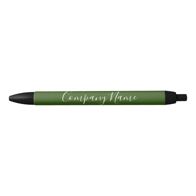 Elegant Dark Green White Script Company Name Phone Black Ink Pen (Front)