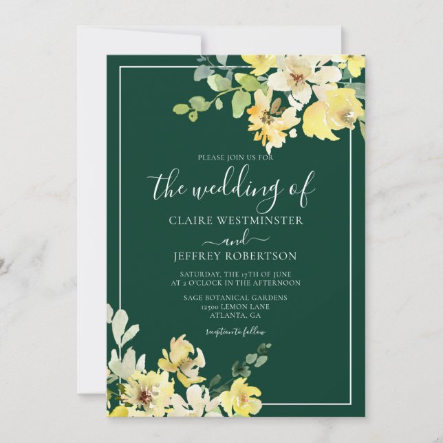 Elegant Dark Green Yellow Floral Garden Wedding Invitation (Front)