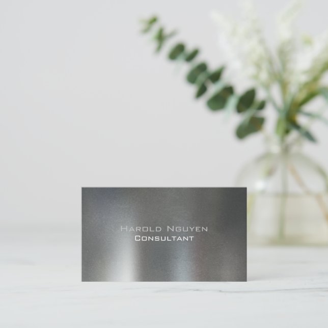 Elegant Dark Grey Brushed Metal Stainless Aluminum Business Card (Standing Front)