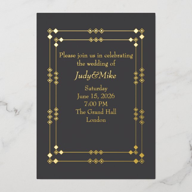 Elegant Dark Grey& Gold Art Deco Foil Invitation (Recto)