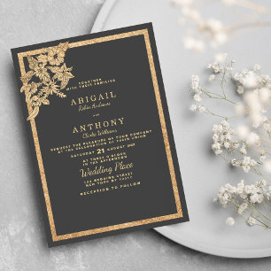 Elegant dark grey gold glitter floral Wedding Invitation
