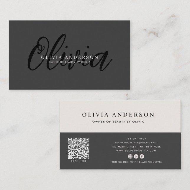 Elegant Dark Grey Handwritten Script Name, QR Code Business Card (Front/Back)