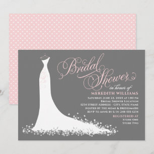 Elegant Dark Grey Pink Wedding Gown Bridal Shower Invitation