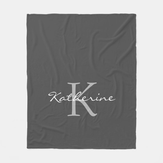Elegant Dark Grey Script Monogram Personalized Fleece Blanket (Front)