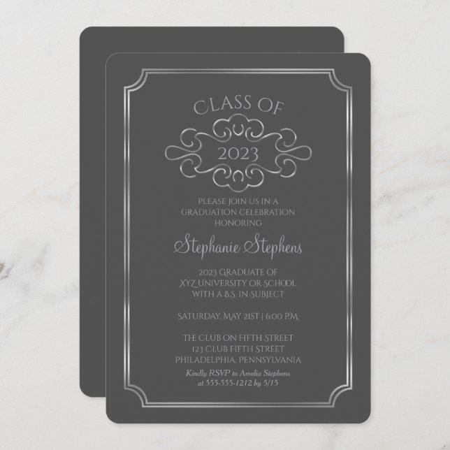 Elegant Dark Grey |Silver College Graduation Party Invitation (Front/Back)
