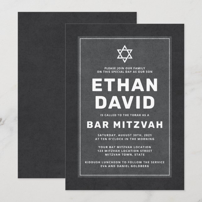 Elegant dark grey white Star of David bar mitzvah Invitation (Front/Back)