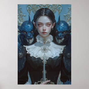 Elegant Dark-Haired Woman in Ornate Black Dress Po Poster