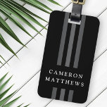 Elegant dark lines modern monogrammed black luggage tag<br><div class="desc">Elegant,  black luggage tag with three dark grey lines running from top to bottom with your name across.</div>
